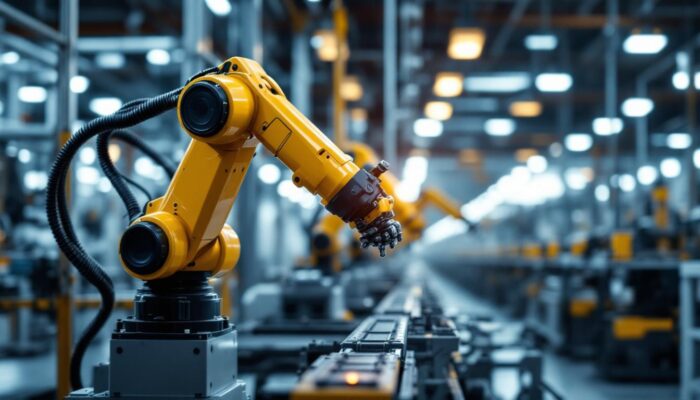 A photograph of a sleek industrial robotic arm in action within a modern manufacturing environment