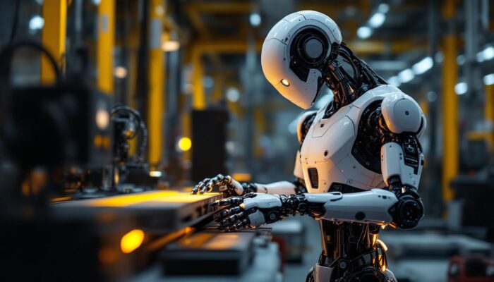 A photograph of a sleek industrial robot in action within a manufacturing environment