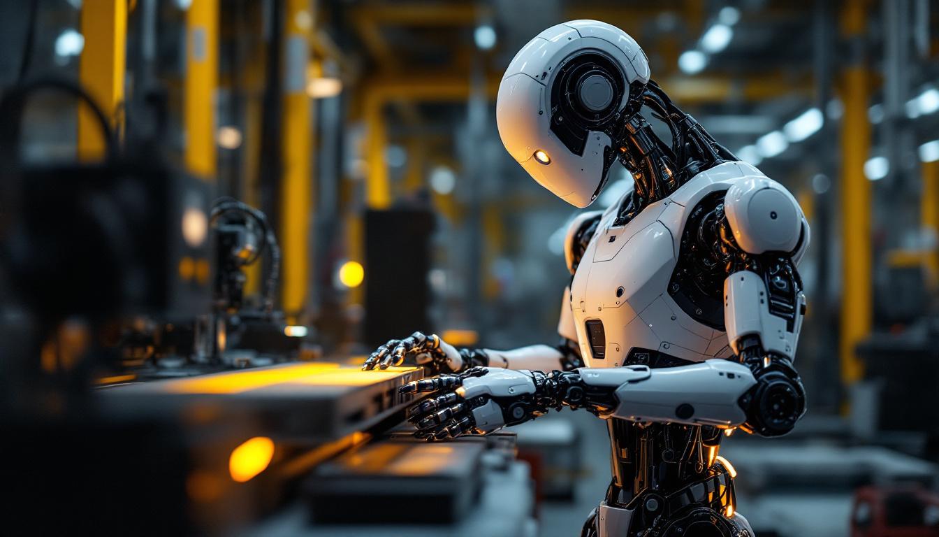 A photograph of a sleek industrial robot in action within a manufacturing environment