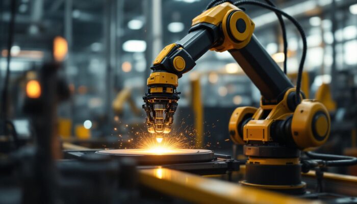 A photograph of a sleek industrial robotic arm in action within a modern manufacturing environment
