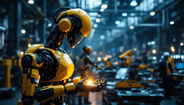 A photograph of a modern industrial robot in action within a manufacturing setting