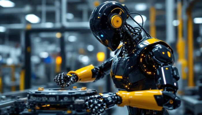 A photograph of a sleek industrial robot in action within a manufacturing environment