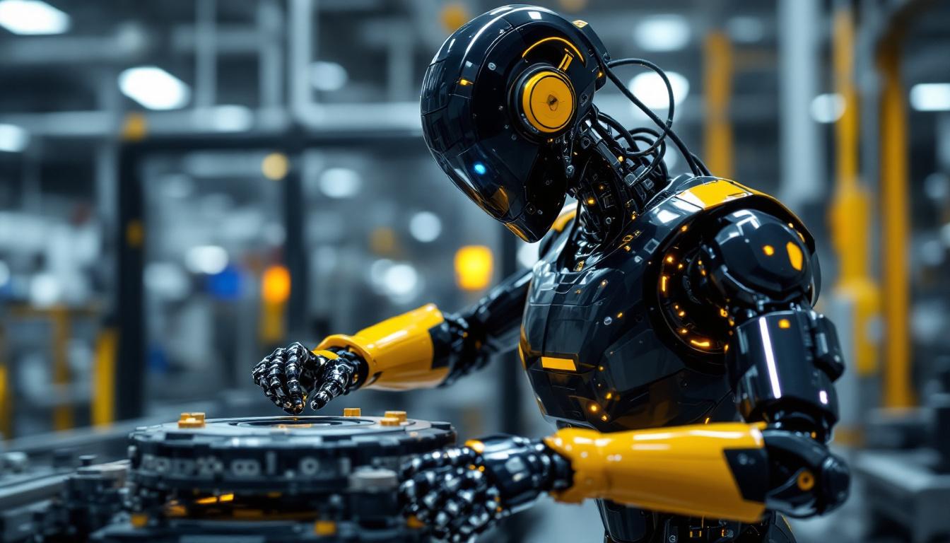 A photograph of a sleek industrial robot in action within a manufacturing environment
