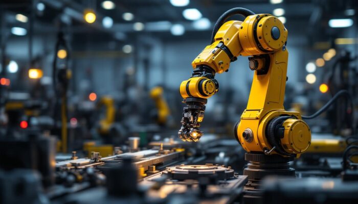 A photograph of a sleek industrial robotic arm in action