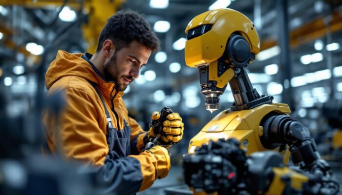 A photograph of a skilled technician interacting with an industrial robot in a modern manufacturing environment