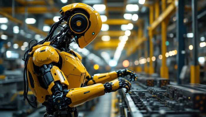 A photograph of a sleek industrial robot in action within a manufacturing environment