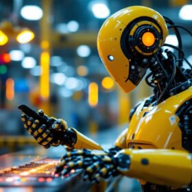 A photograph of a sleek industrial robot in action