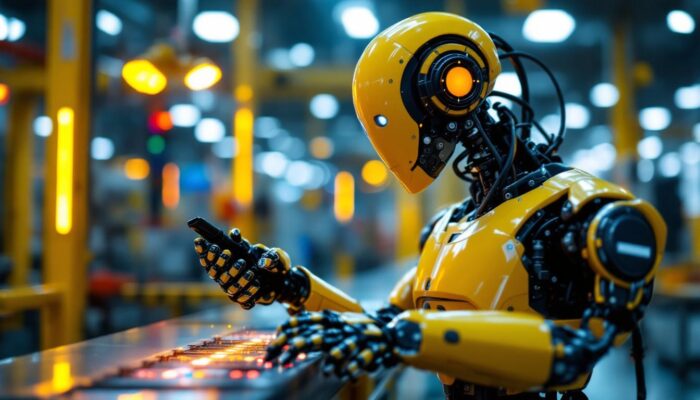 A photograph of a sleek industrial robot in action