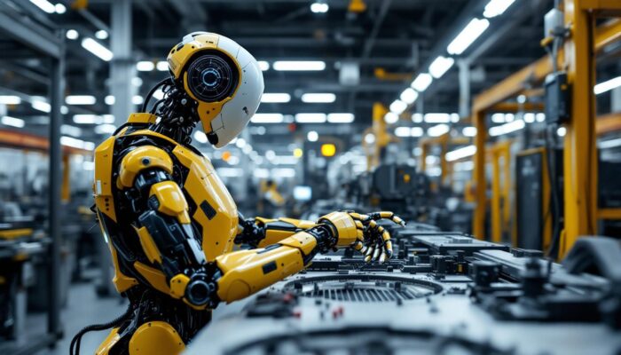 A photograph of a sleek industrial robot in action within a modern manufacturing environment