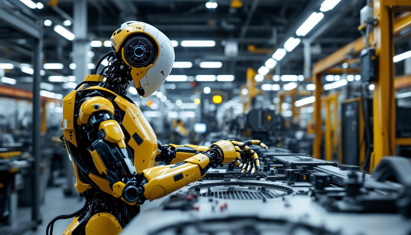 A photograph of a sleek industrial robot in action within a modern manufacturing environment