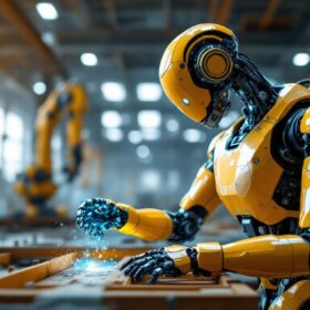 A photograph of a state-of-the-art industrial robot in action within a construction site