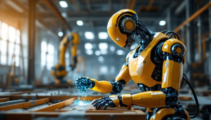 A photograph of a state-of-the-art industrial robot in action within a construction site