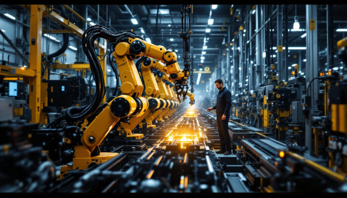 A photograph of a modern manufacturing facility showcasing industrial robots in action