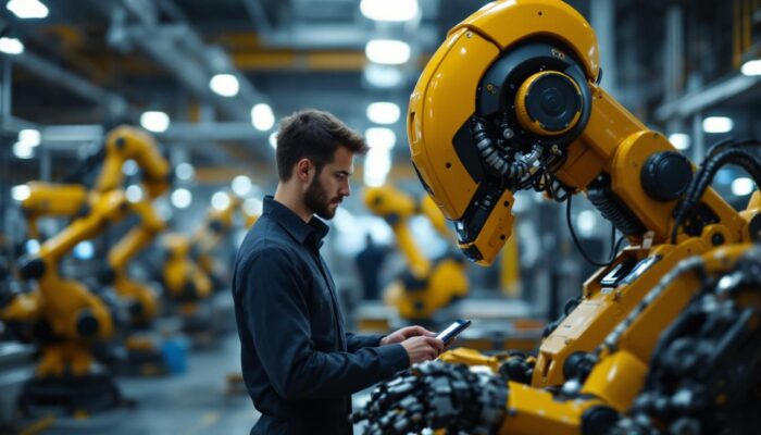 A photograph of a skilled engineer programming an industrial robot in a modern factory setting