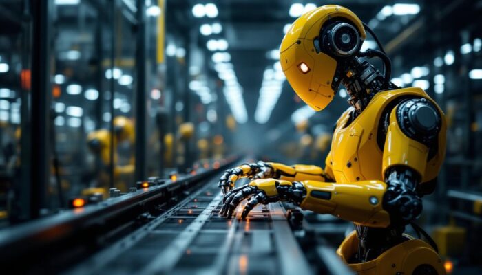 A photograph of a sleek industrial robot in action