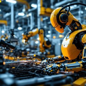 A photograph of a sleek industrial robot in action