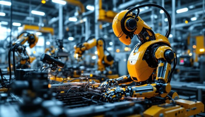 A photograph of a sleek industrial robot in action