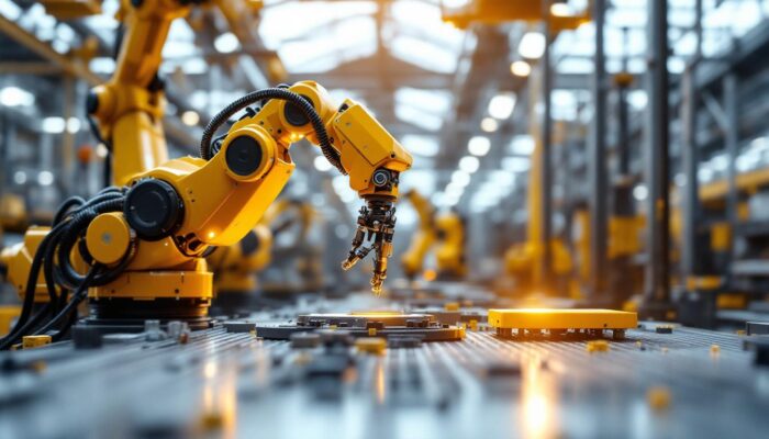 A photograph of a modern industrial robot in action on a factory floor