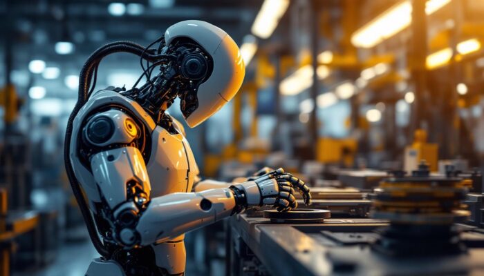 A photograph of a sleek industrial robot in action within a manufacturing environment