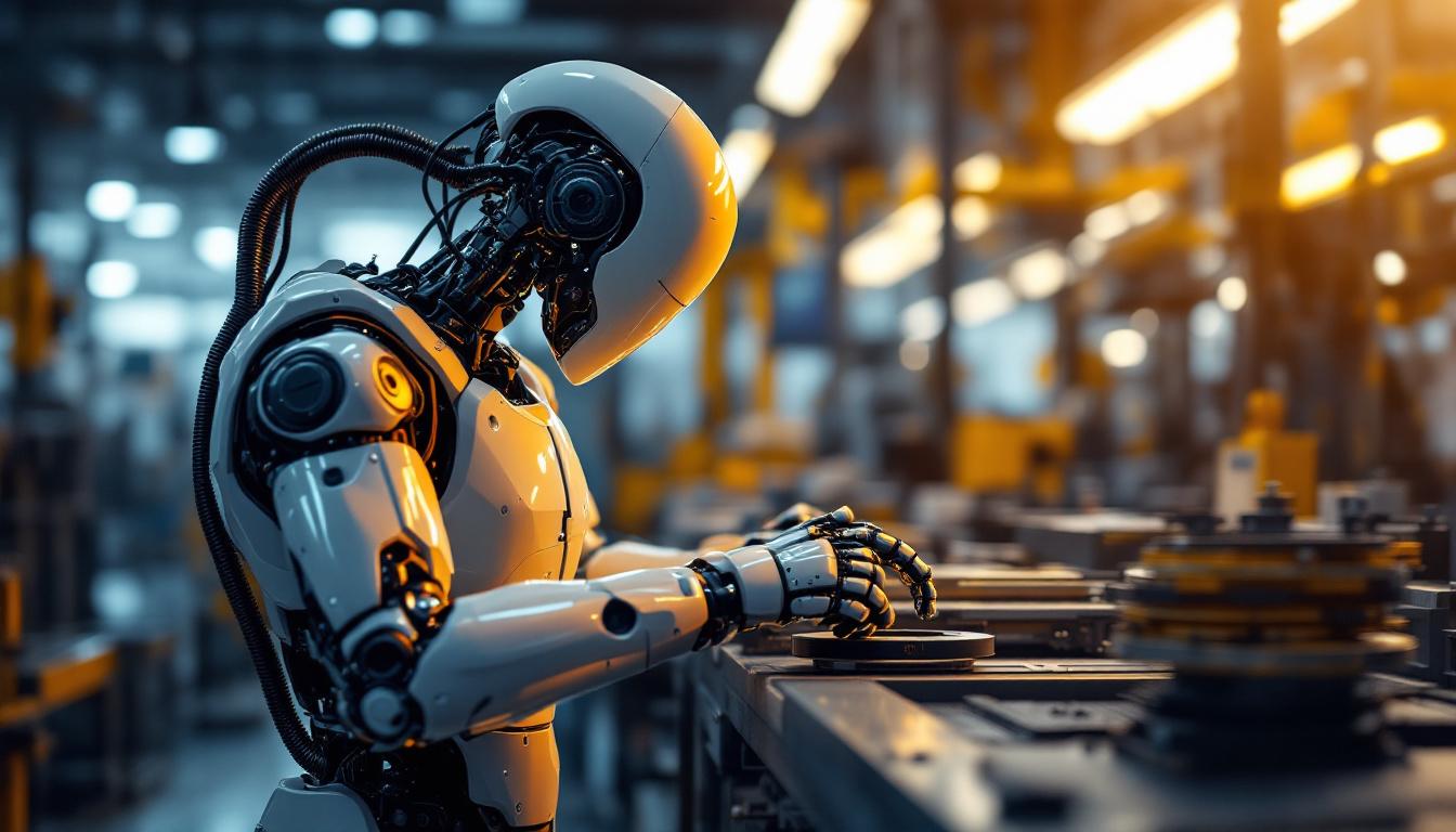 A photograph of a sleek industrial robot in action within a manufacturing environment