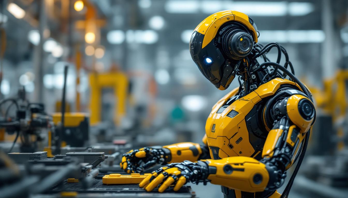 A photograph of a sleek industrial robot in action on a factory floor