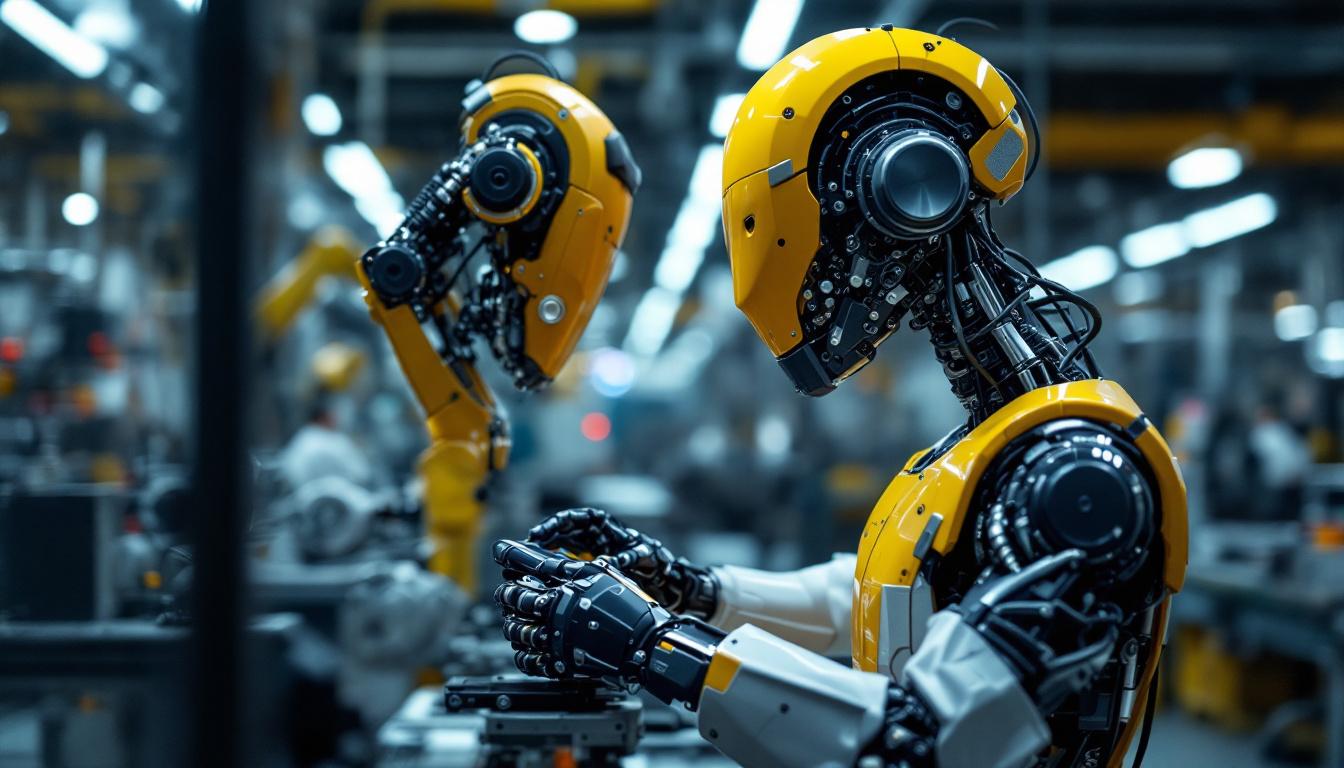 A photograph of a skilled technician programming an industrial robot in a modern factory setting