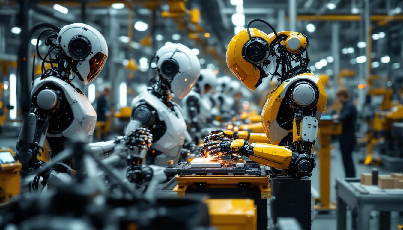 A photograph of a dynamic industrial setting showcasing a variety of advanced robots in action