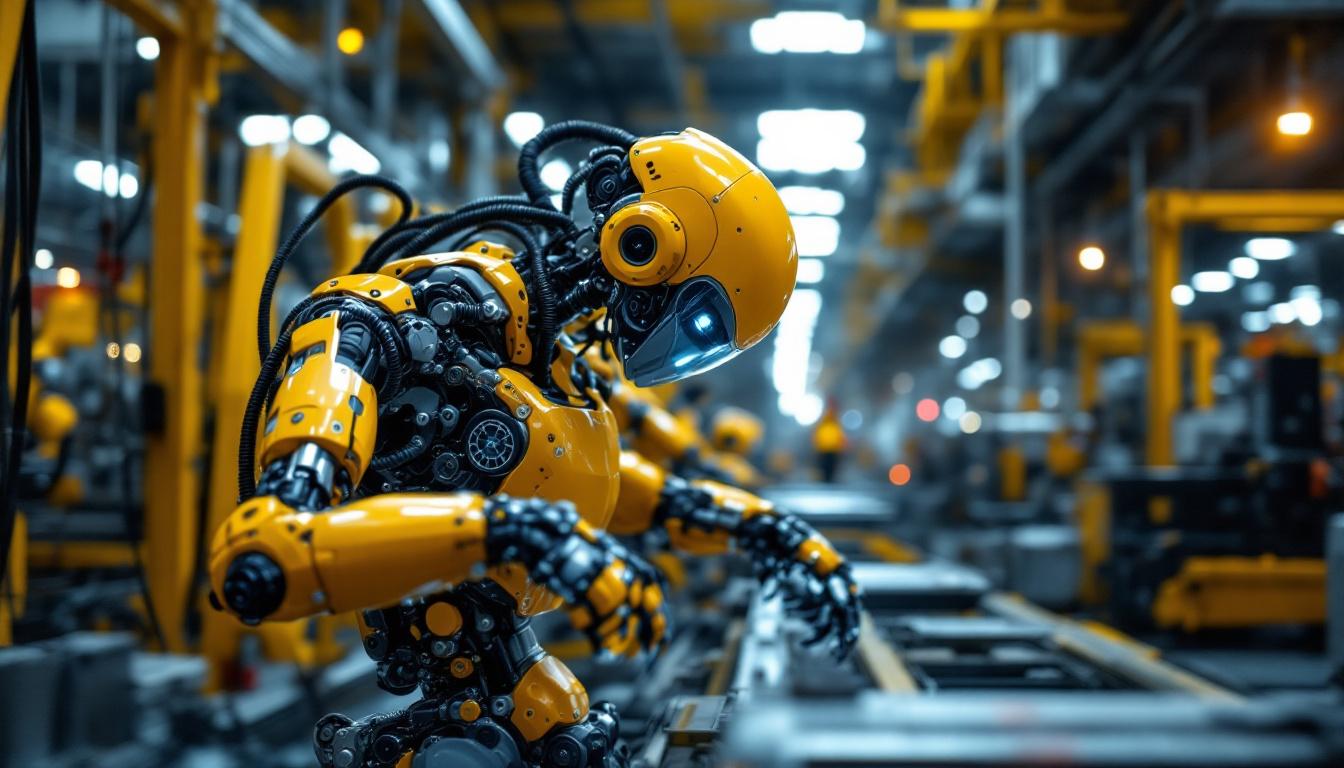 A photograph of a modern industrial robot in action on a factory floor