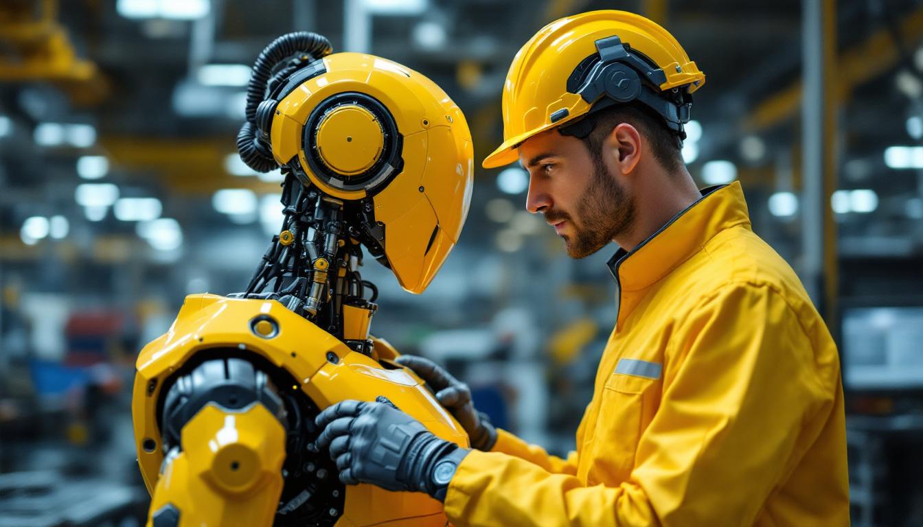 A photograph of a skilled engineer programming or interacting with a sleek industrial robot in a modern manufacturing setting