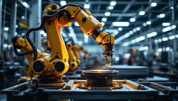 A photograph of a sleek industrial robotic arm in action