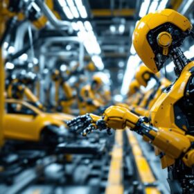 A photograph of a dynamic car assembly line scene
