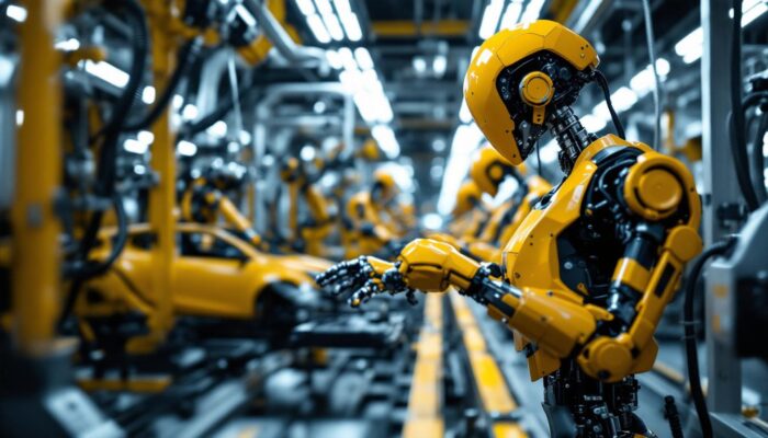 A photograph of a dynamic car assembly line scene
