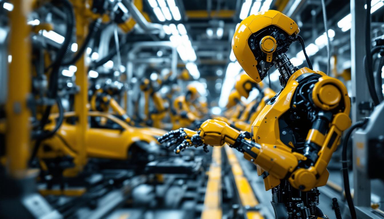 A photograph of a dynamic car assembly line scene