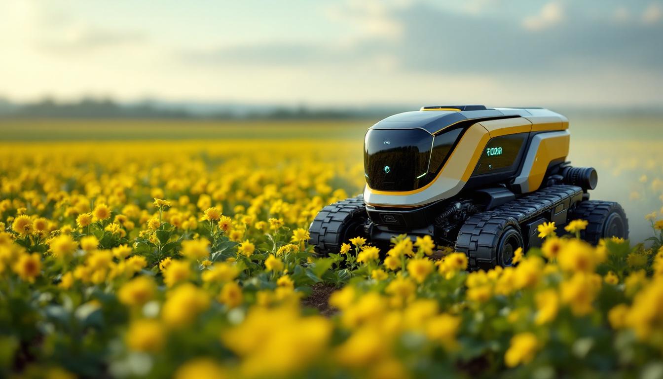A photograph of a modern agricultural robot in action within a vibrant field
