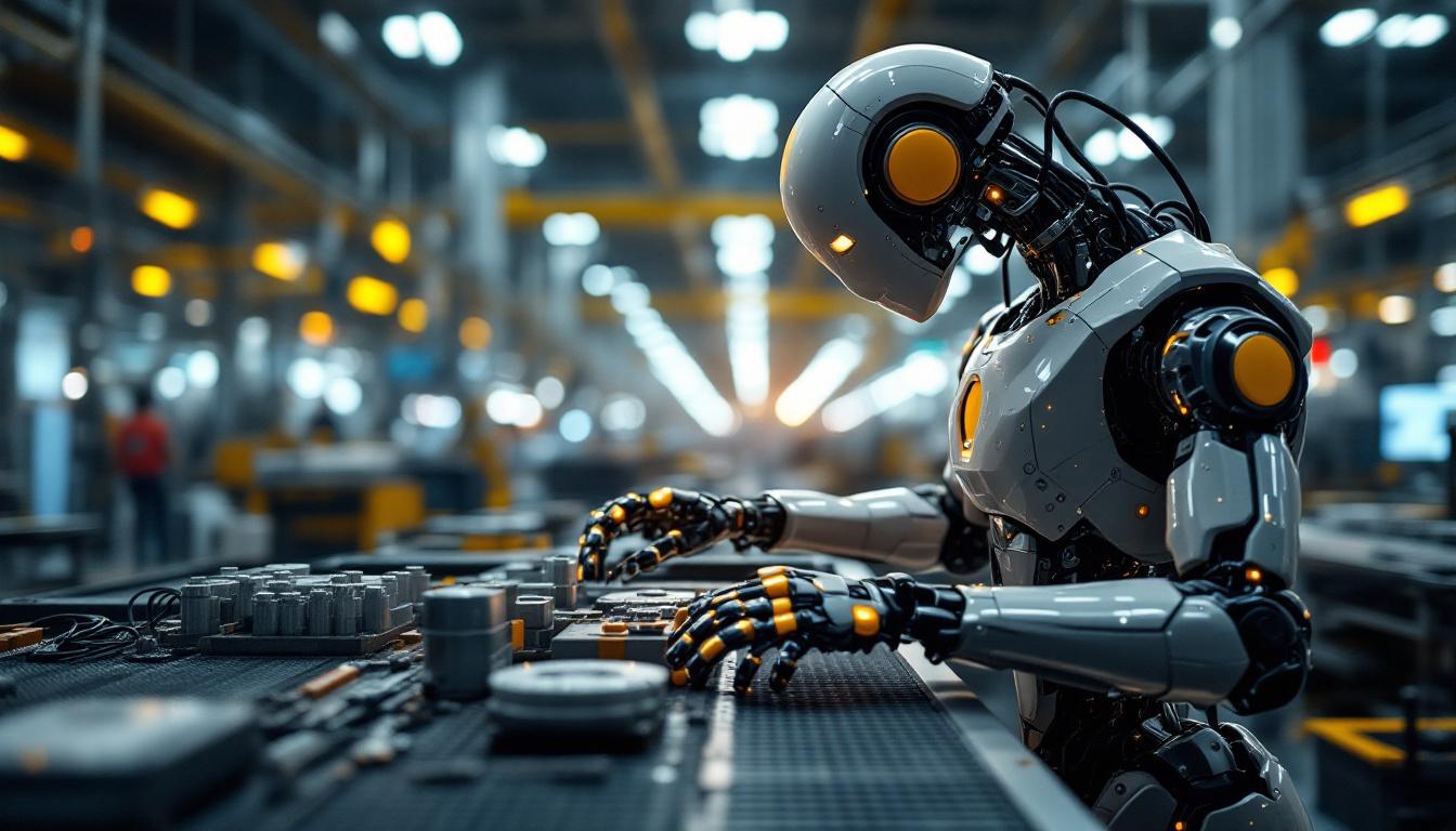 A photograph of a sleek industrial robot in action on a factory floor