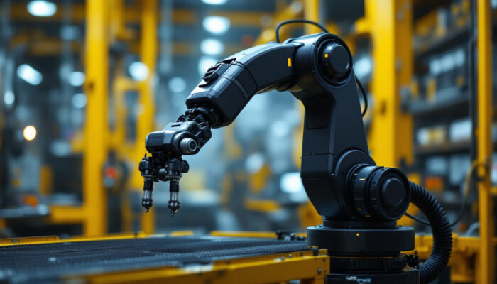 A photograph of a sleek industrial robotic arm in action