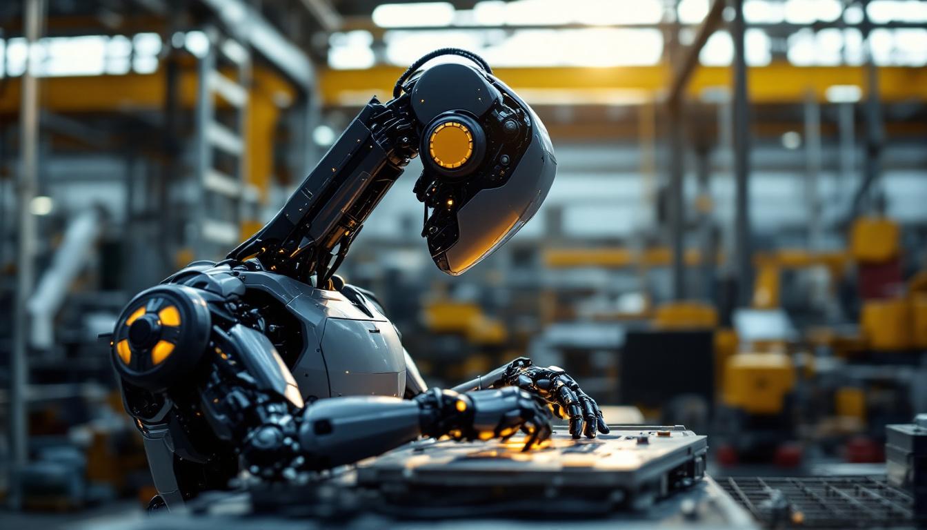 A photograph of a modern industrial robot in action within a manufacturing setting