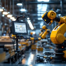 A photograph of a modern industrial robot in action on a factory floor