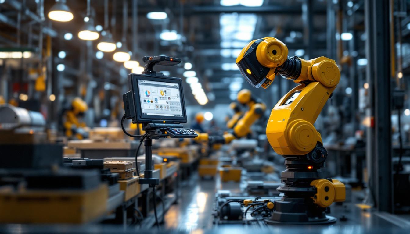 A photograph of a modern industrial robot in action on a factory floor