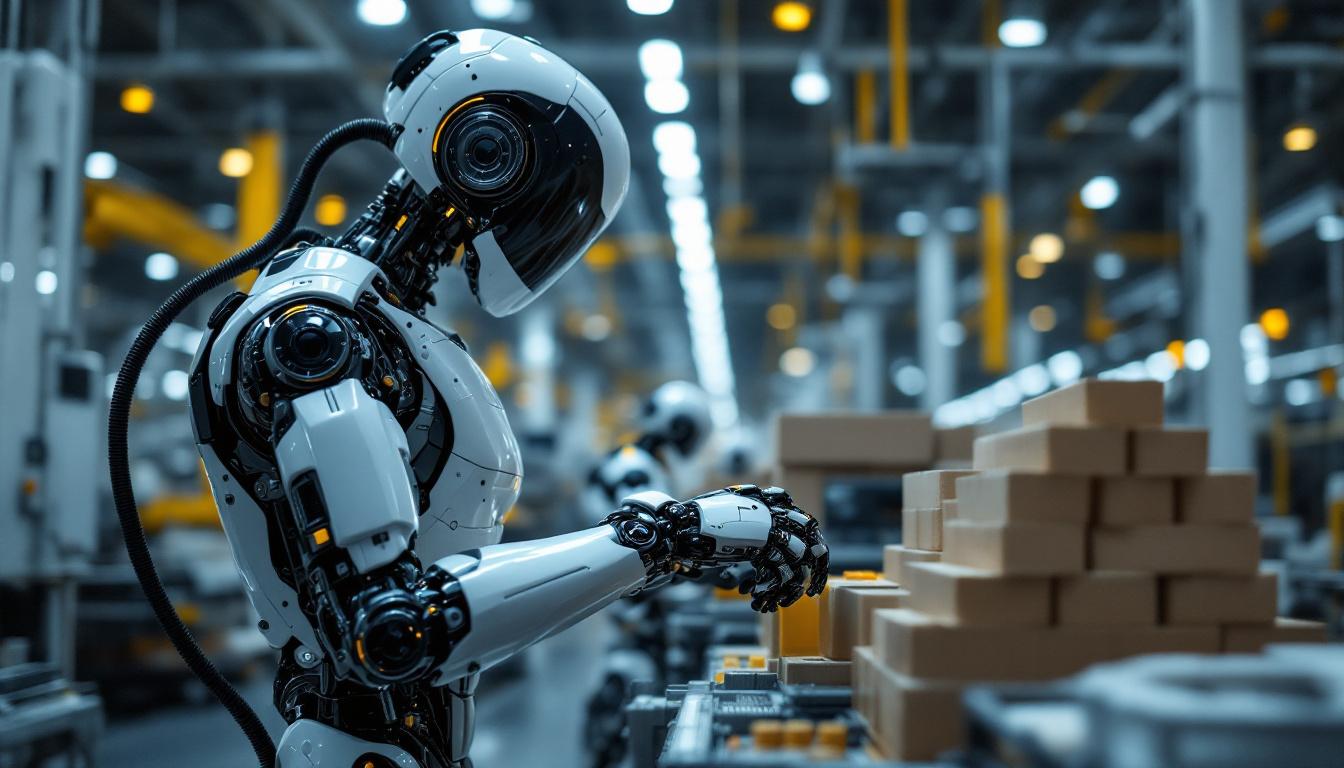 A photograph of a sleek industrial robot in action on a factory floor