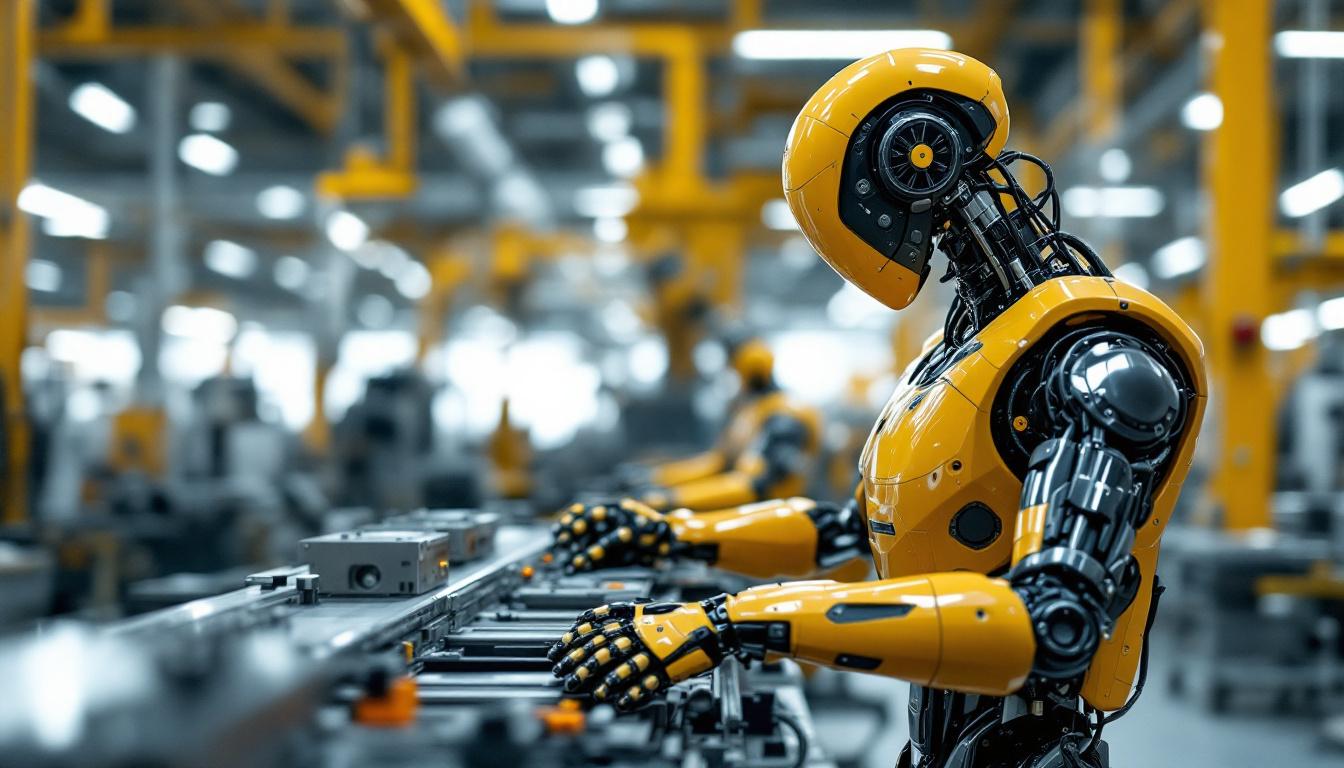 A photograph of a sleek industrial robot in action within a modern manufacturing facility