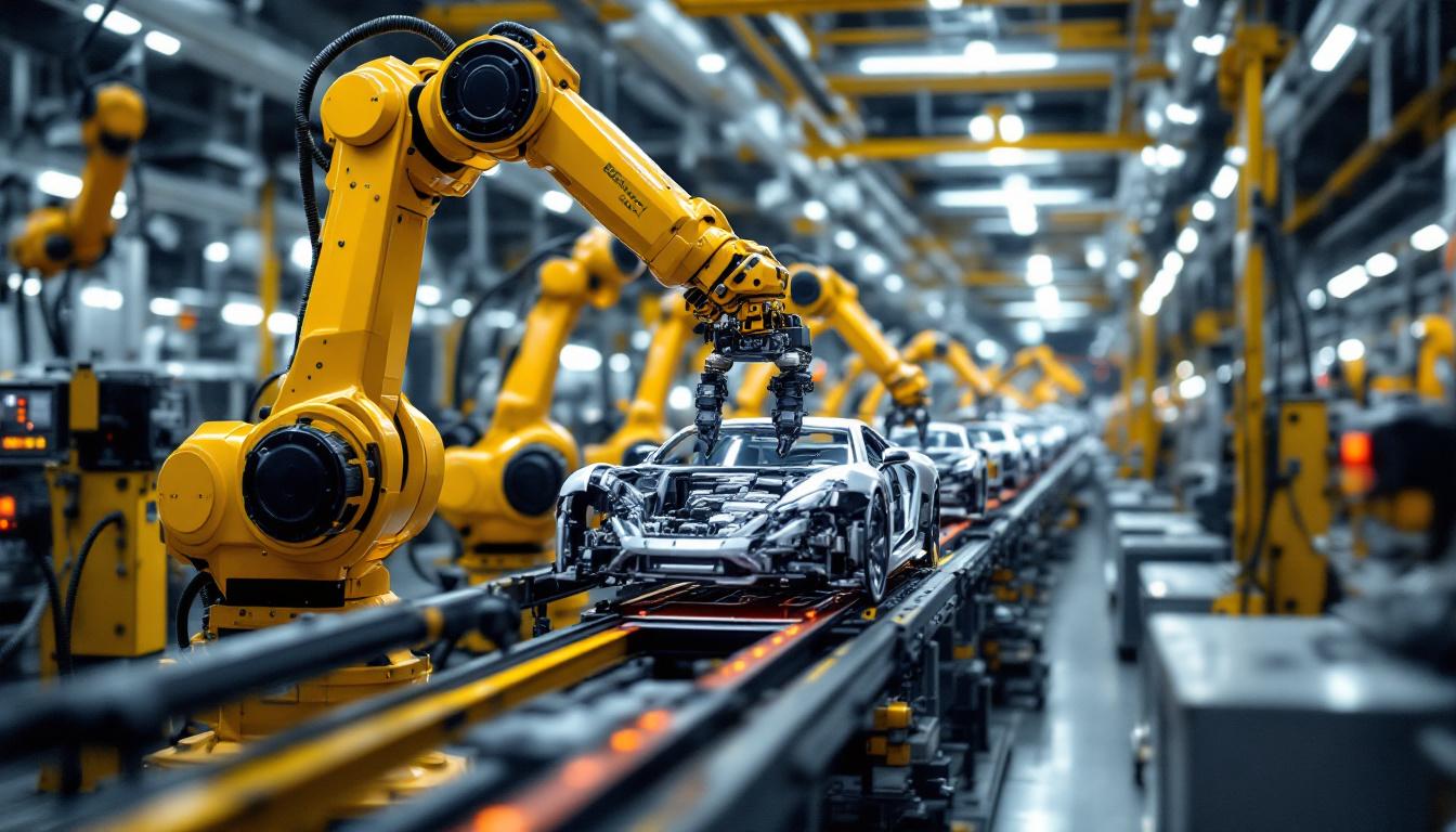 A photograph of a dynamic automotive assembly line showcasing robotic arms in action