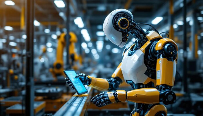 A photograph of a modern industrial robot in action within a manufacturing environment