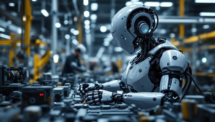 A photograph of a sleek industrial robot in action within a manufacturing setting