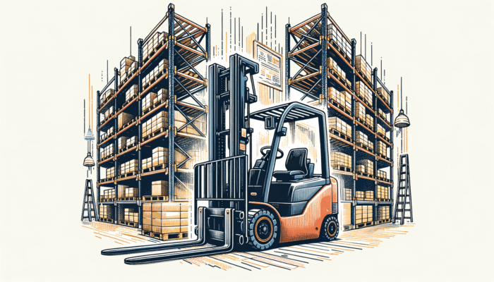 Draw an illustration of a forklift automated guided vehicle (agv) in a warehouse setting
