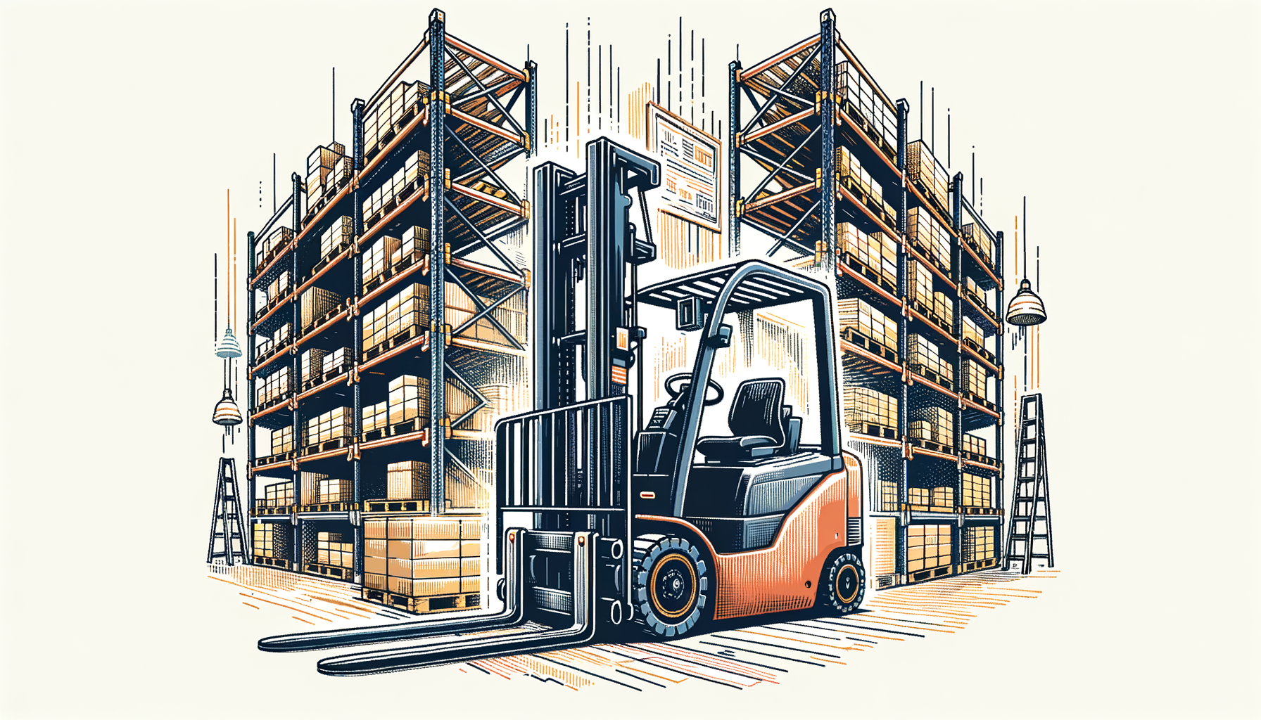 Draw an illustration of a forklift automated guided vehicle (agv) in a warehouse setting