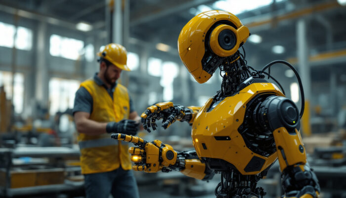 A photograph of a boston dynamics robot in action within an industrial setting