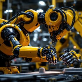 A photograph of a modern industrial robot in action on a factory floor