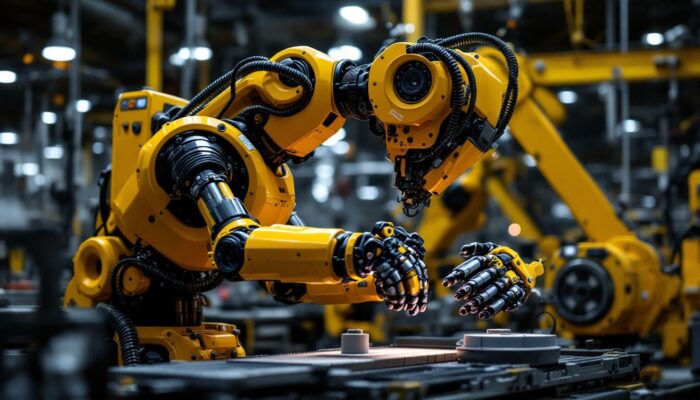 A photograph of a modern industrial robot in action on a factory floor