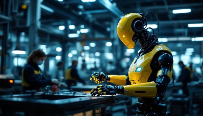 A photograph of a modern industrial robot in action within a manufacturing environment